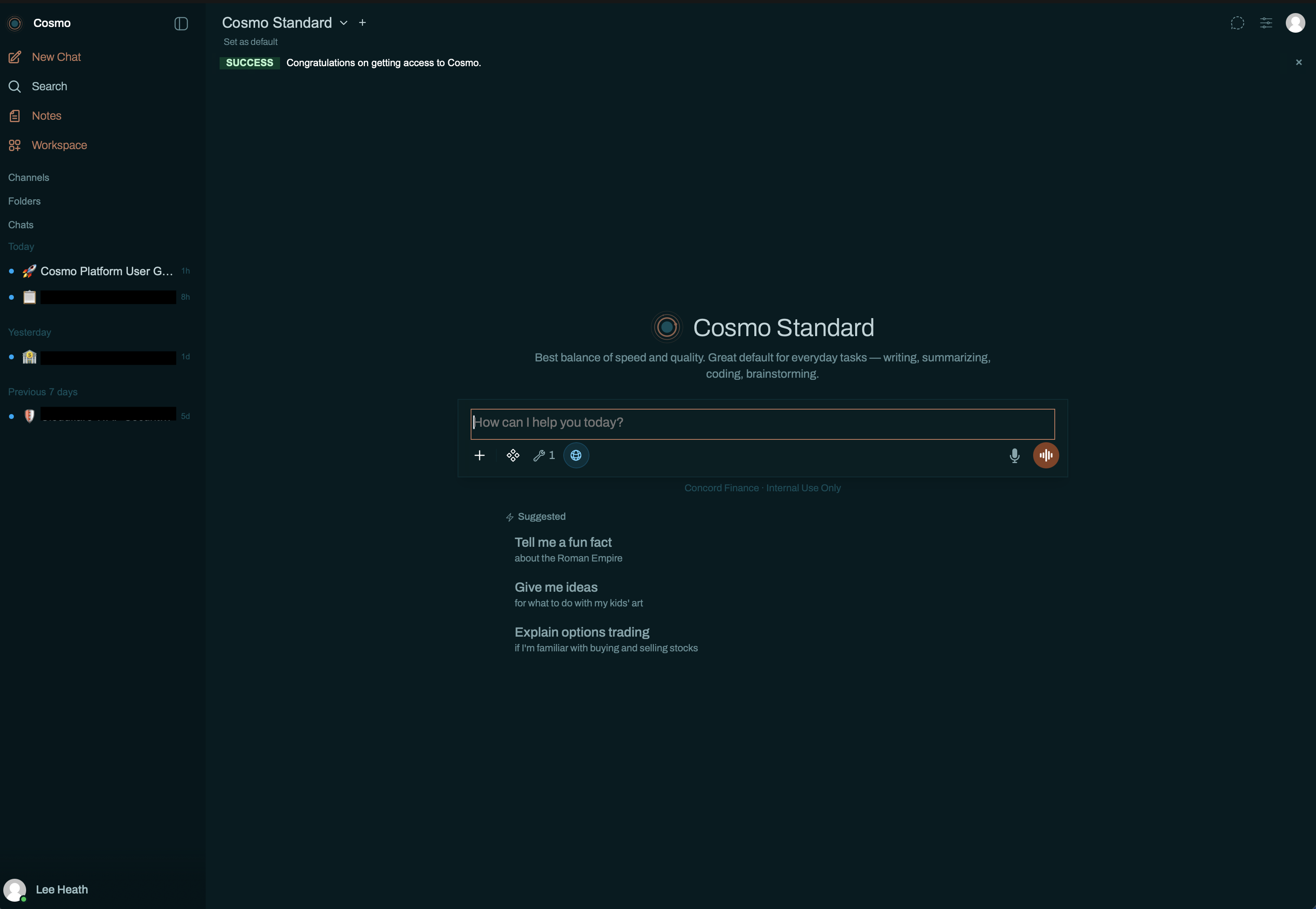 The Cosmo main interface, showing the sidebar, active conversation area, and prompt input.