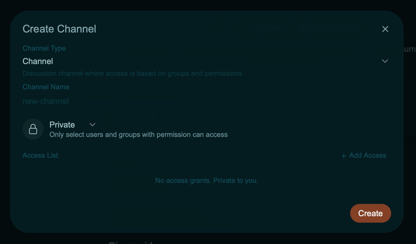 The Create Channel dialog with fields for Channel Type, Channel Name, and access permissions.