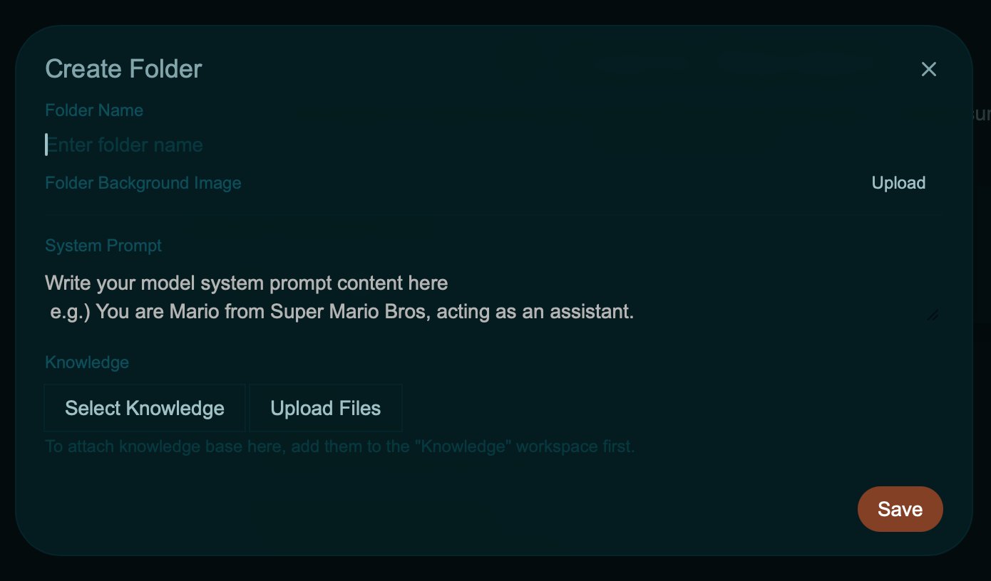 The Create Folder dialog with fields for Folder Name, System Prompt, and Knowledge attachments.